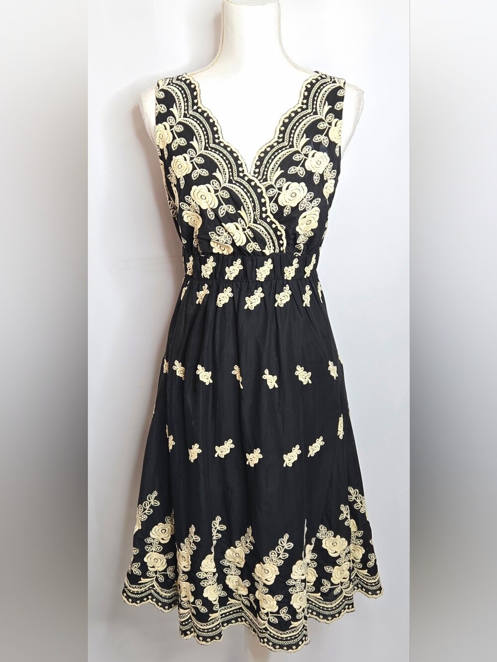 Karen Kane Black + Ivory Floral Vine Embroidered‎ Cotton Fit&Flare Dress NWOT S